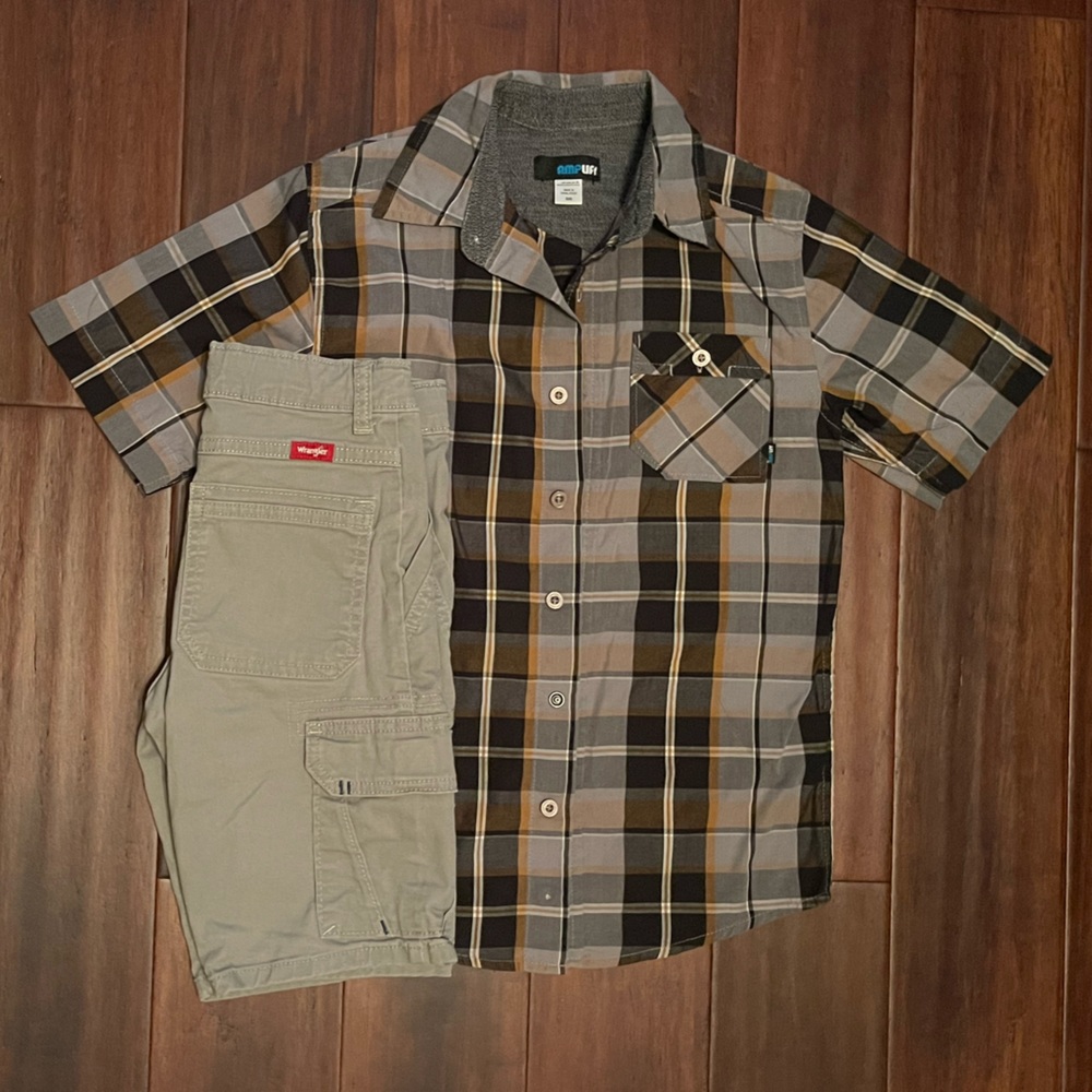2p Amplify Shirt Boys S(8) Black Gray Button Casual & wrangler Gray Shorts Sz 8